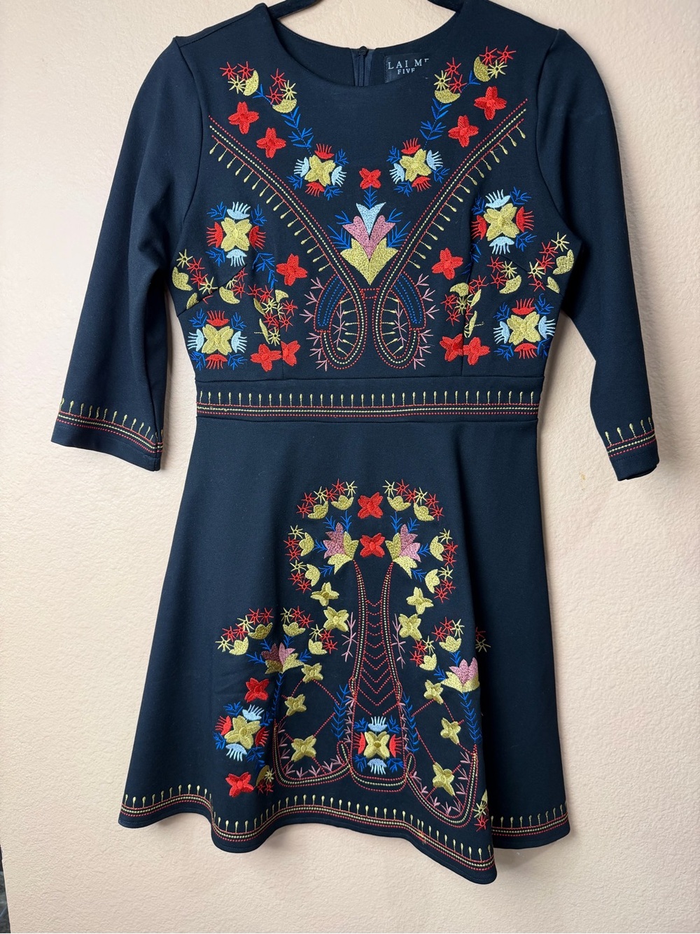 Lai Meng Five Cats Black Embroidered Folk Floral Fit and Flare Dress Sz S - Picture 3 of 13